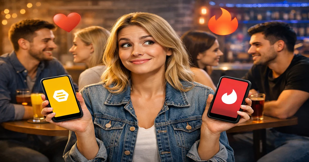 Bumble vs Tinder App Vergleich 2026 Vergleich Bumble vs Tinder Dating App auf dem Smartphone